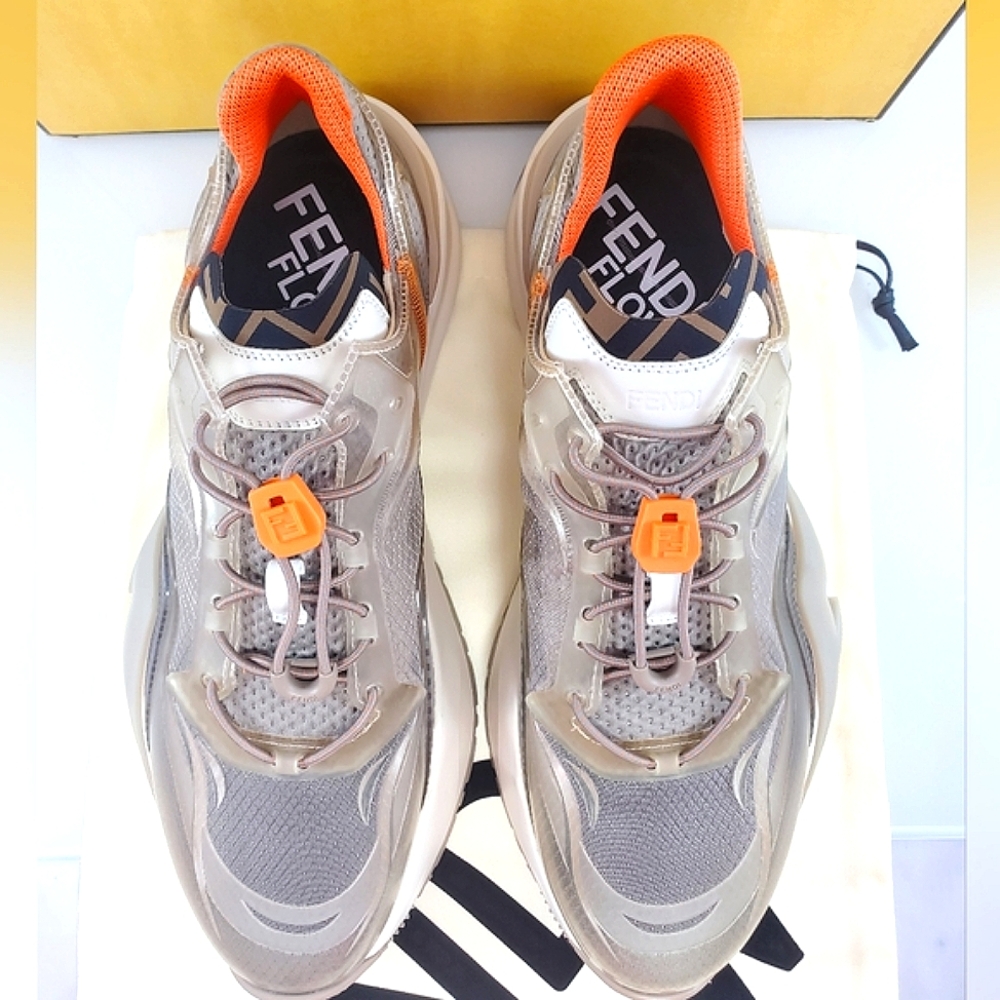 NWT$930 Fendi FLOW Beige Nylon Lowtop Leather Running Sneakers Sz US 12 Fendi 11 - Picture 8 of 16